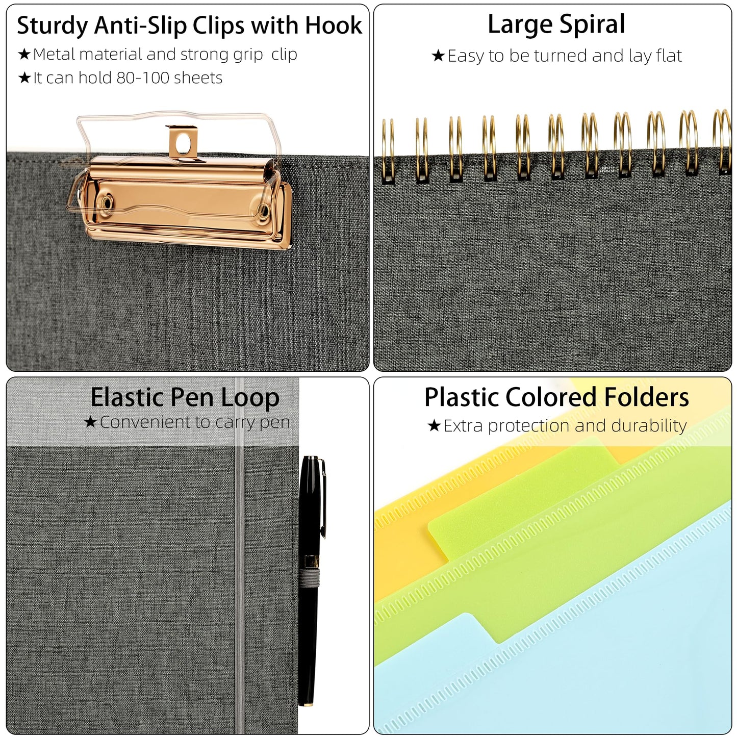 Ospelelf Foldable Spiral Clipboard Folio with Storage Zipper Pouch, 5 Plastic Folders with 10 Pockets,Refillable Lined Notepad (11" x 8.5"), Hardcover Project Organizer with 39 Stickers (Dark Grey)