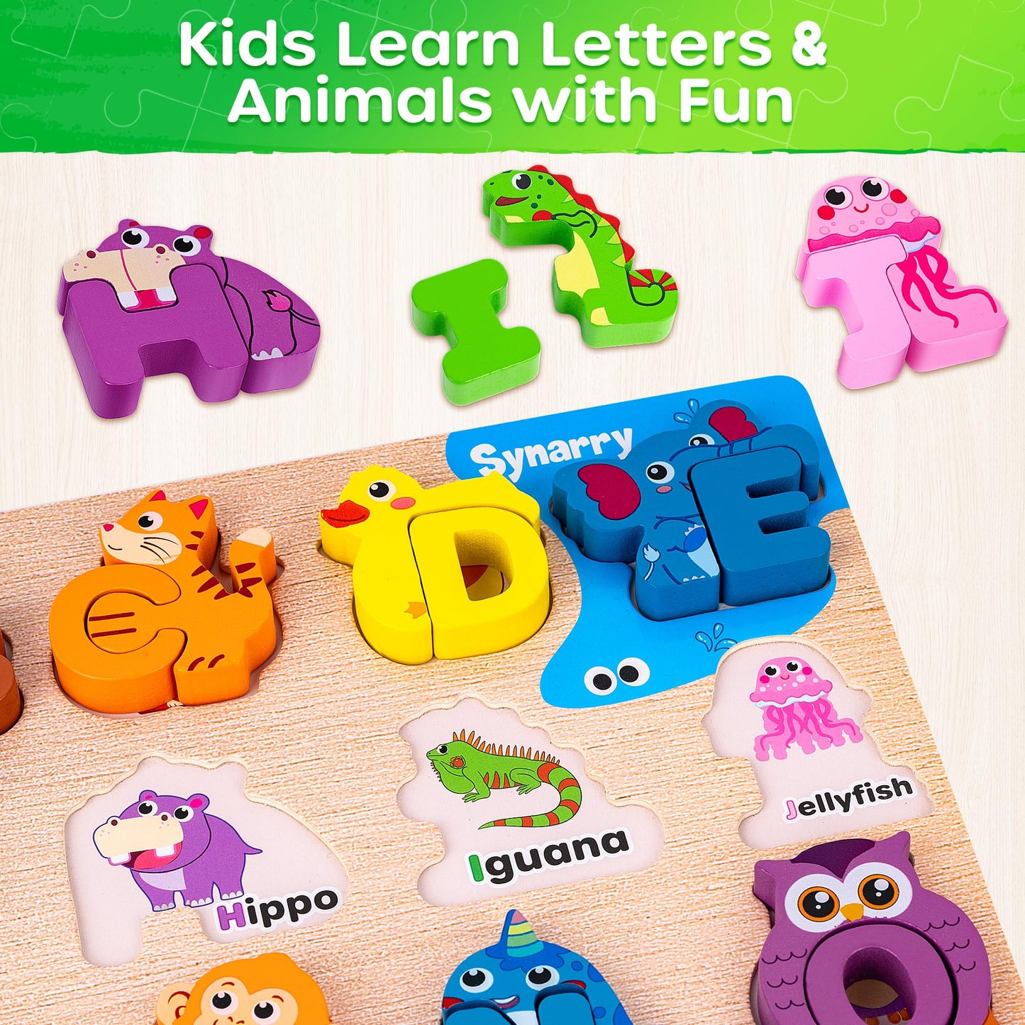 SYNARRY Wooden Alphabet Puzzle, 52 Pieces ABC Puzzles for Kids Ages 3-5, Alphabet ABC Letter Blocks Puzzles for Toddlers 3-5, Animals Letter Matching Preschool Learning Toys, Easter Gifts for Kids