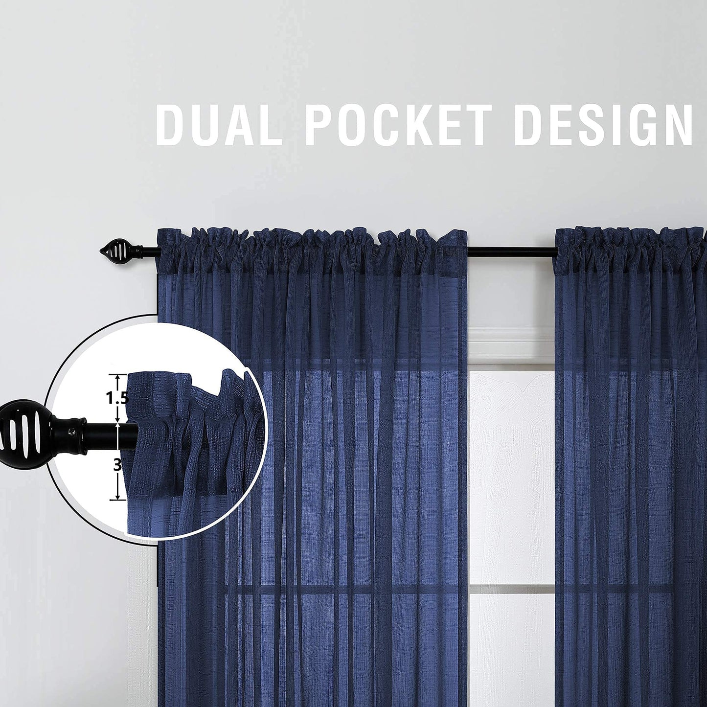 KOUFALL Navy Blue Curtains 84 Inch Length,Sheer Rod Pocket Linen Look Dark Blue Masculine Nautical Curtains for Boys Bedroom Living Room 2 Panels Set Indigo