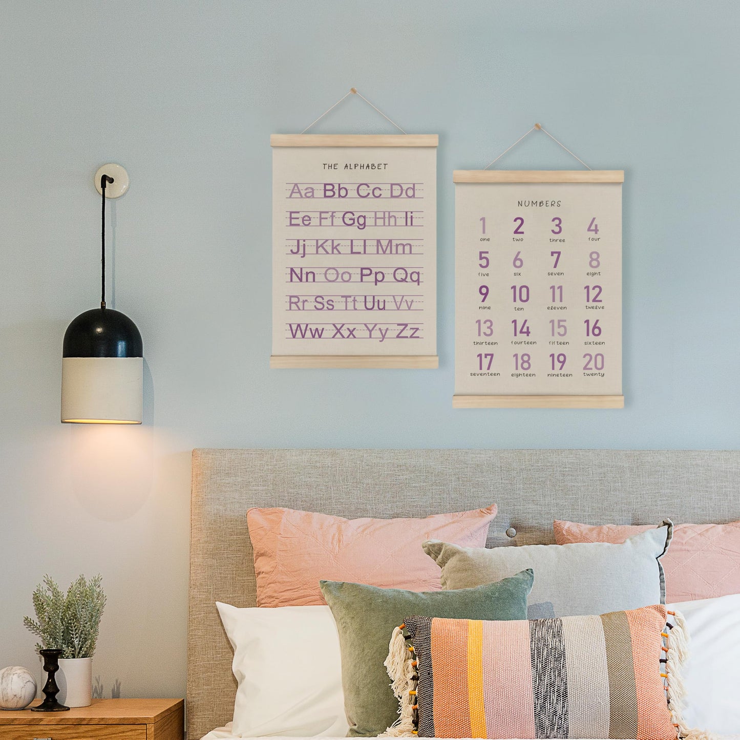 HRQKO Alphabet Numbers Poster Hanger Frame Set of 2, Girls Nursery Wall Decor, Boho ABC Poster Wall Art with Wooden Frames, Purple Alphabet Banner Wall Hanging Decor for Toddler Playroom, 12x16 Inch