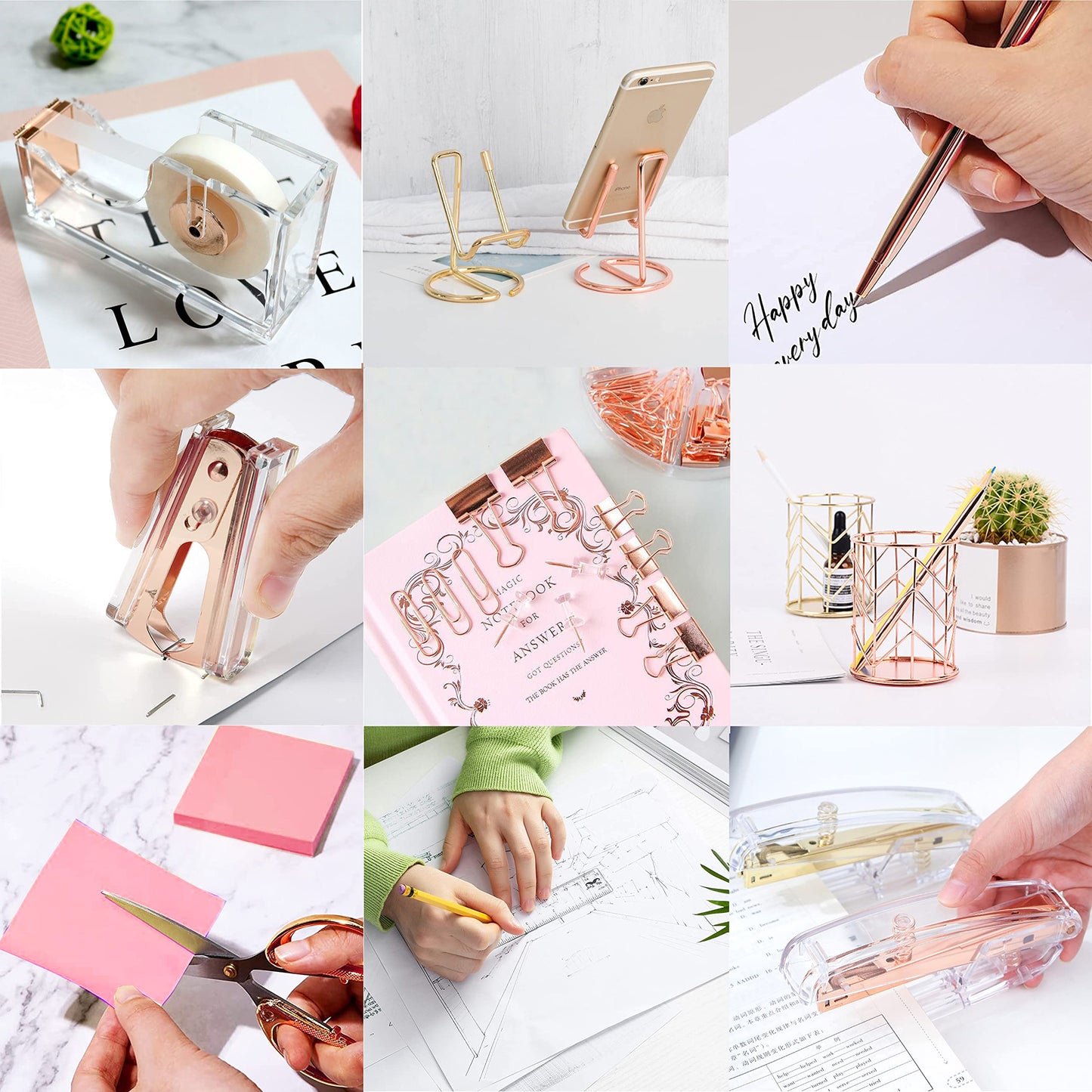 Rose Gold Office Supplies and Accessories, Acrylic Stapler, Staple Remover, Tape Holder, Ballpoint Pen, Scissor, Binder Clips, Staples, Phone Holder, Ruler, Transparent Glue and 300 Notes