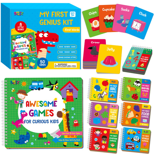 Kids Learning Flipbooks, 8 Board Books & 50 First Word Cards - Alphabet, Numbers, Colors, Shapes, Emotions, Animals, Vehicles & Fun Games Activities, Early Educational Learning Tool For Kids, Children
