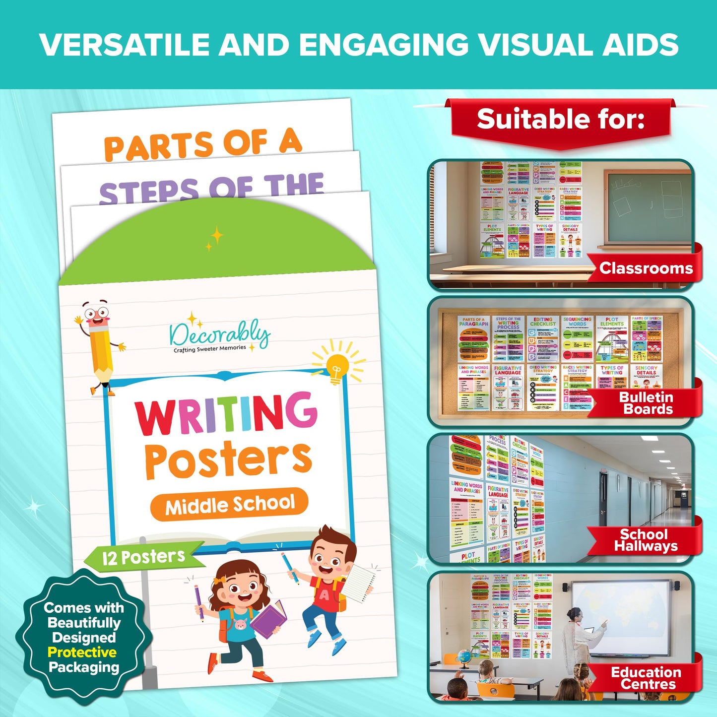 Decorably 12 Writing Posters for Classroom Middle School and Elementary, 11x16in Educational, Matte-Laminated for Hallways, Bulletin Boards, Home Study Room