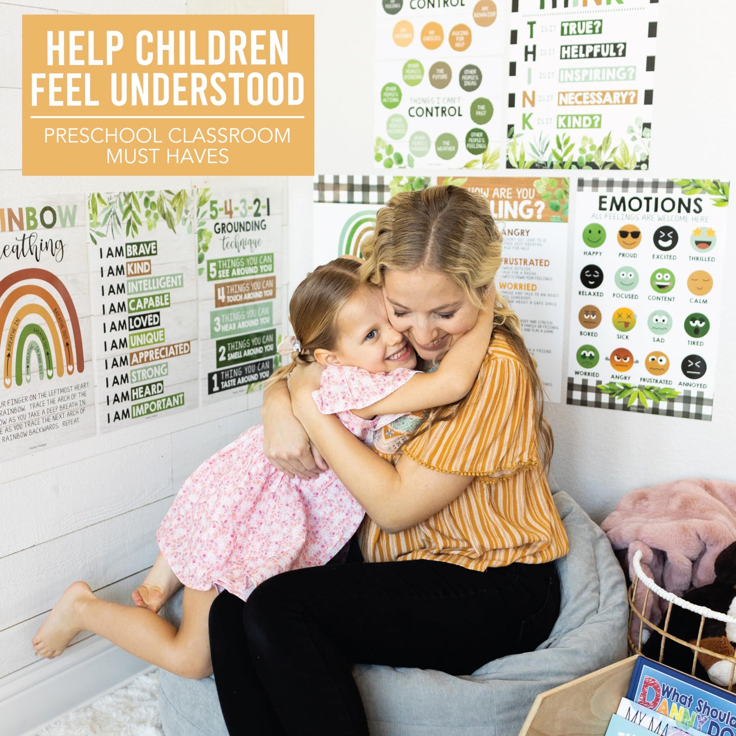 Hadley Designs 8 Calming Corner Posters for Classroom Must Haves - Calm Down Corner Supplies with Emotions Chart, School Counselor Mental Health Poster, Feelings Chart For Kids, Boho Classroom Decor
