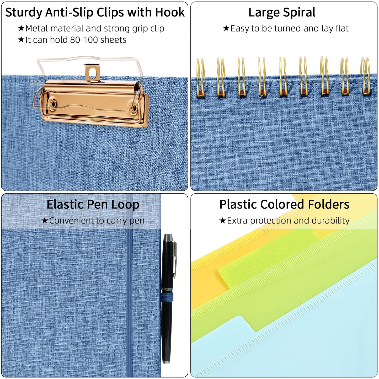 Ospelelf Foldable Spiral Clipboard Folio with Storage Zipper Pouch, 5 Plastic Folders with 10 Pockets, Refillable Lined Notepad (11" x 8.5"), Linen Hardcover Project Organizer(Haze Bule)