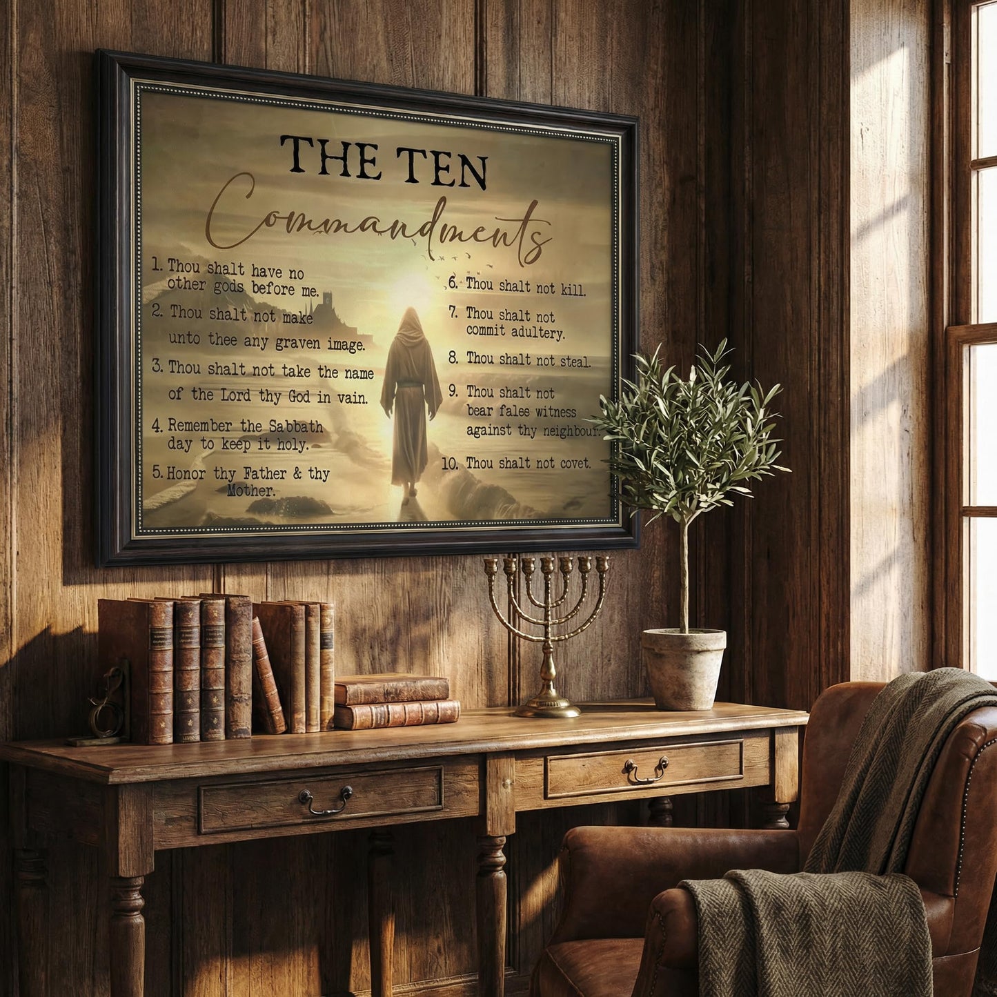 Dark Brown Framed The Ten Commandments Canvas Wall Art Jesus Christ Wall Decor Picture Christian Inspirational Quotes Poster Print Painting for Church Living Room Bedroom Home Decoration