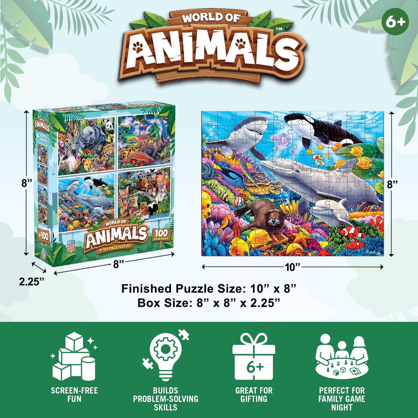 MasterPieces Jigsaw Puzzle Set for Kids, 4-Pack of 100 Piece Puzzles, Educational Animal Theme, Fun Game, Gift Idea, 8" x 10"