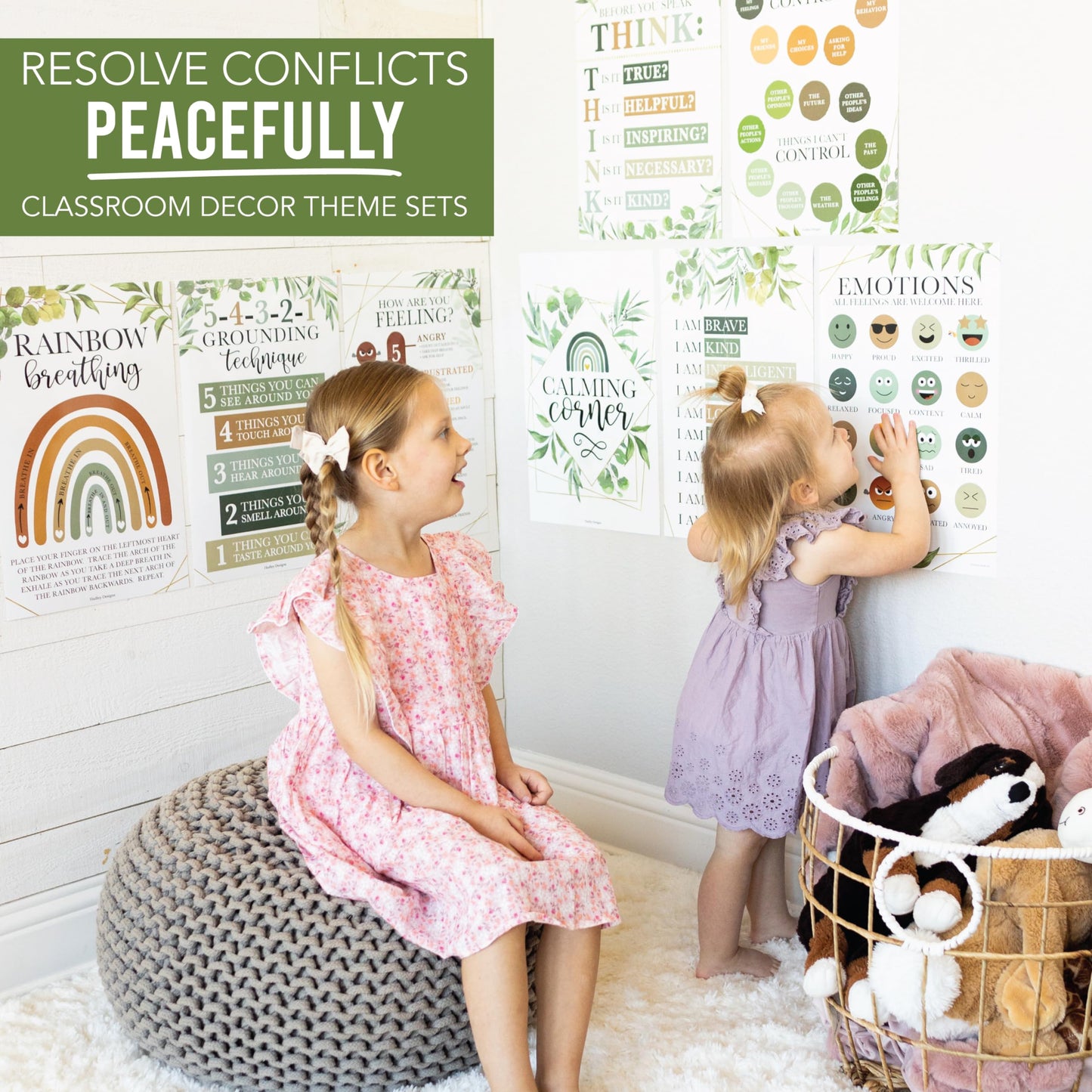 Hadley Designs 8 Calming Corner Posters for Classroom Must Haves -Calm Down Corner Supplies with Emotions Chart,School Counselor Mental Health Poster, Feelings Chart For Kids, Greenery Classroom Decor