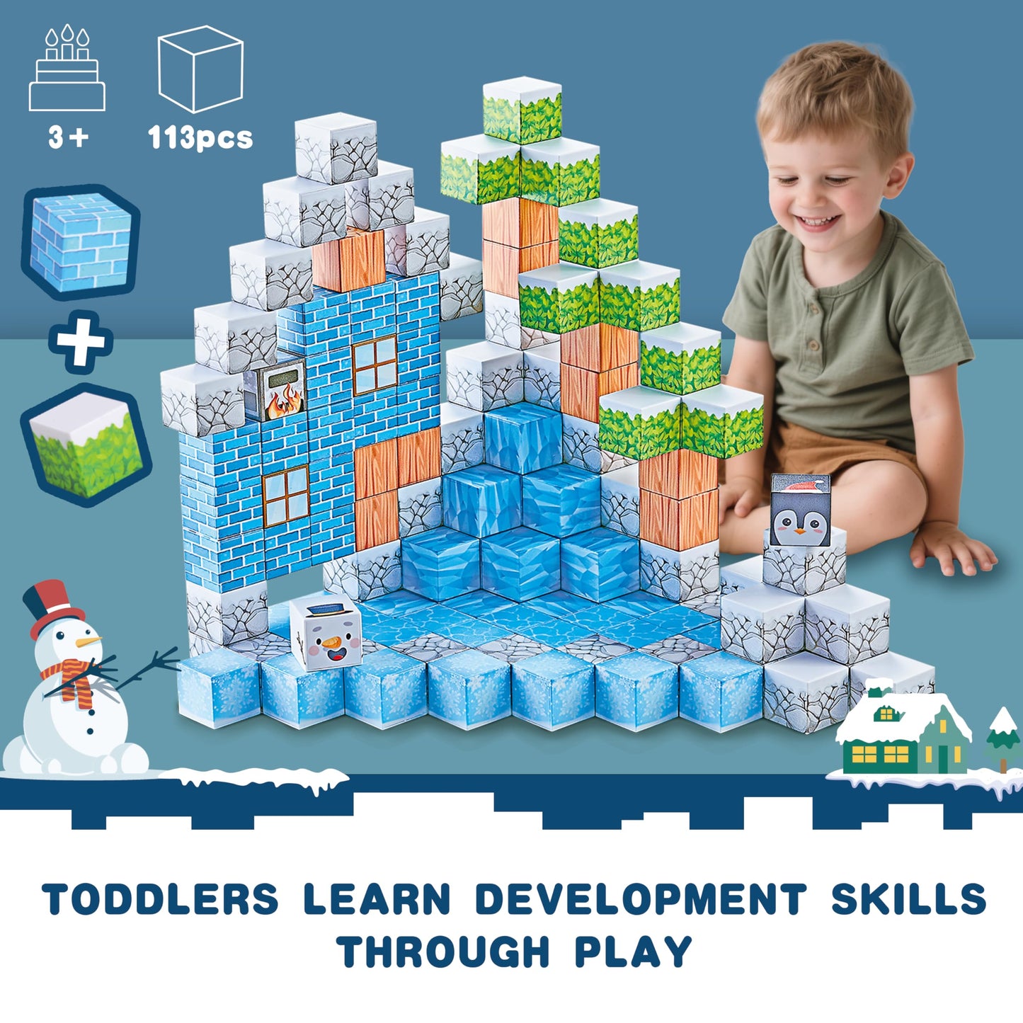 113PCS 1'' Magnetic Blocks, Magnetic Building Cube Toys for Kids, STEM Montessori Stacking, Sensory Education Toys for Toddlers Building World Set, Christmas Birthday Gifts for Kids Age 3 4 5 6 7 8+
