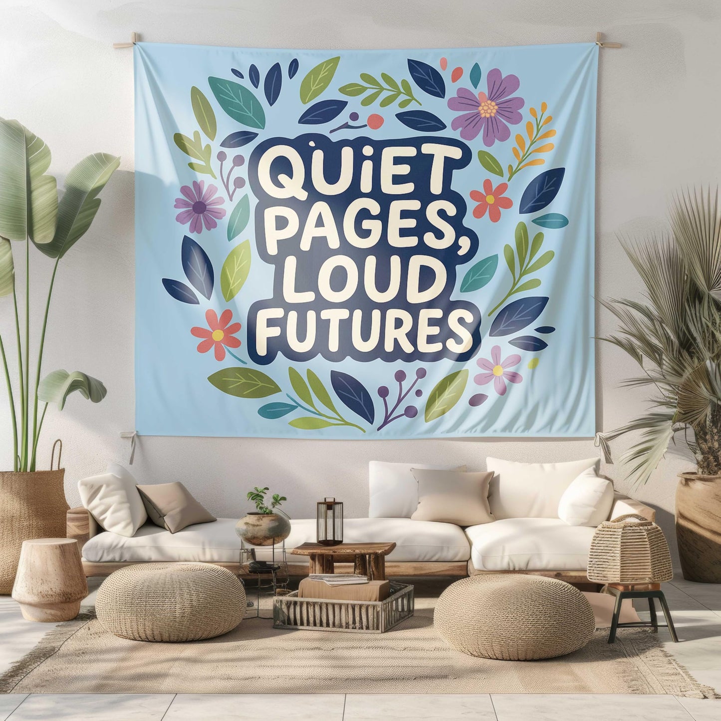Elmsfell Reading Corner Tapestry for Classroom – Quiet Pages Loud Futures Motivational Wall Art, Boho Floral Library Decor for Elementary School & English Teacher Gift (50x60 Inch)