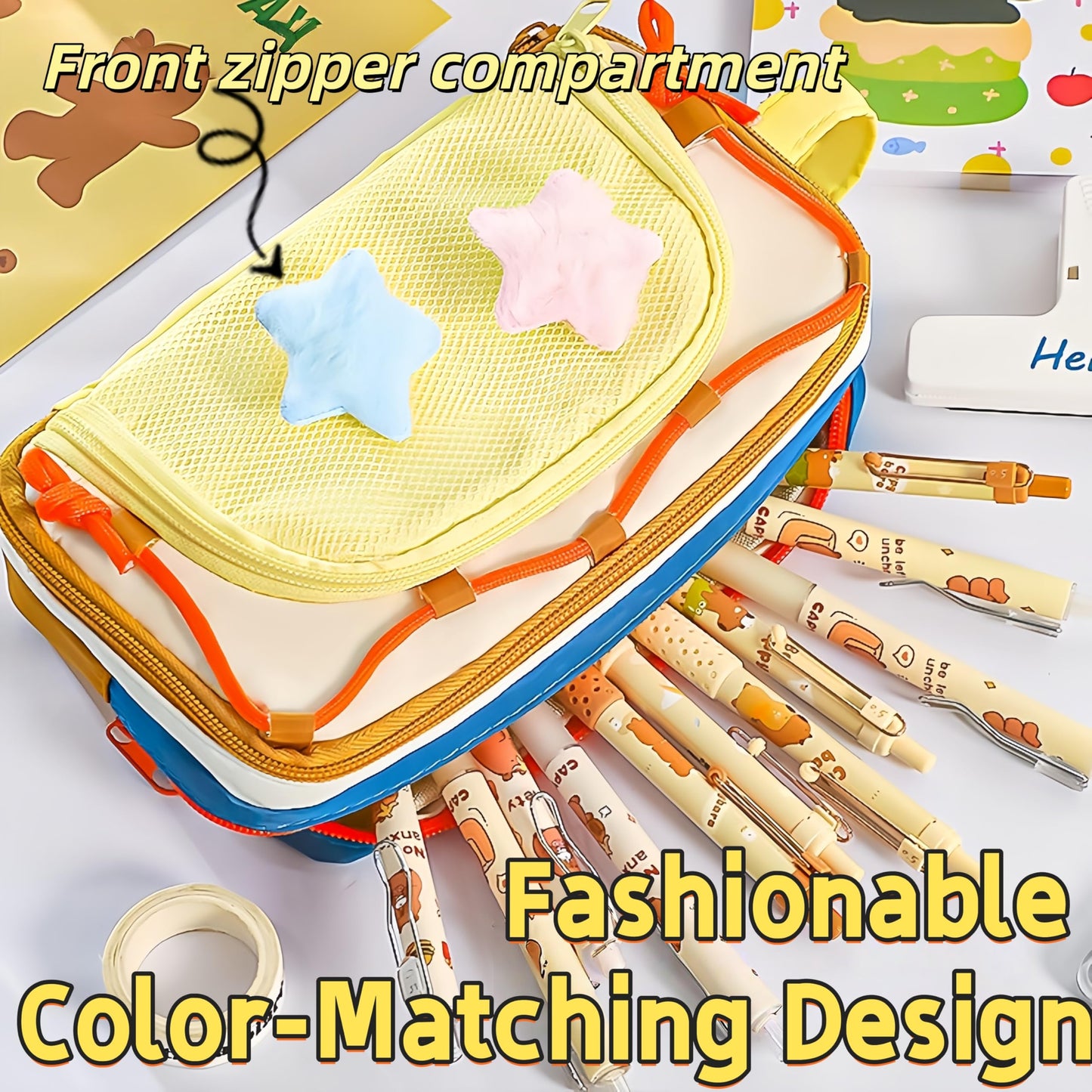 UIVXXUD Portable Multi-Layer Kawaii Star Pencil Case Organizer - Large Capacity Pencil Case with Compartments - Cute Pencil Pouch Functional Bag (Blue)