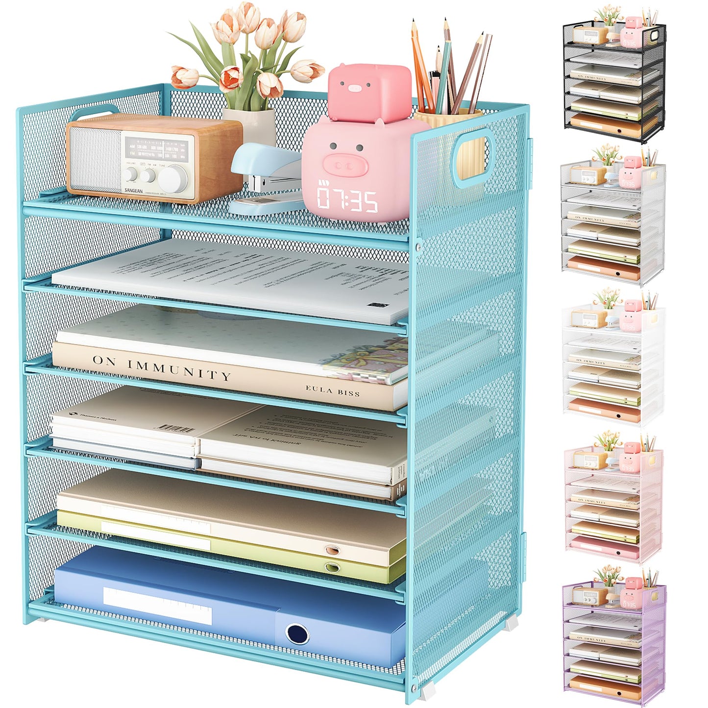 Subekyu 6 Tier Office File Paper Desk Tray Organizer with Handle, Stackable Slide Mesh Letter Tray Folder Blue Desk Organizer, Desktop Document Sorter for Classroom, Office, Home Supplies Storage