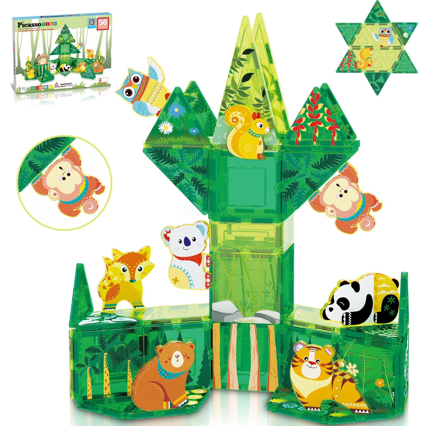 PicassoTiles Magnet Tile Building Blocks Forest Animal Theme Toy Set with 8 Character Action Figures Educational STEM Learning Construction Kit Pretend Play Magnetic Tiles Preschool Kids Ages 3+ PTQ16