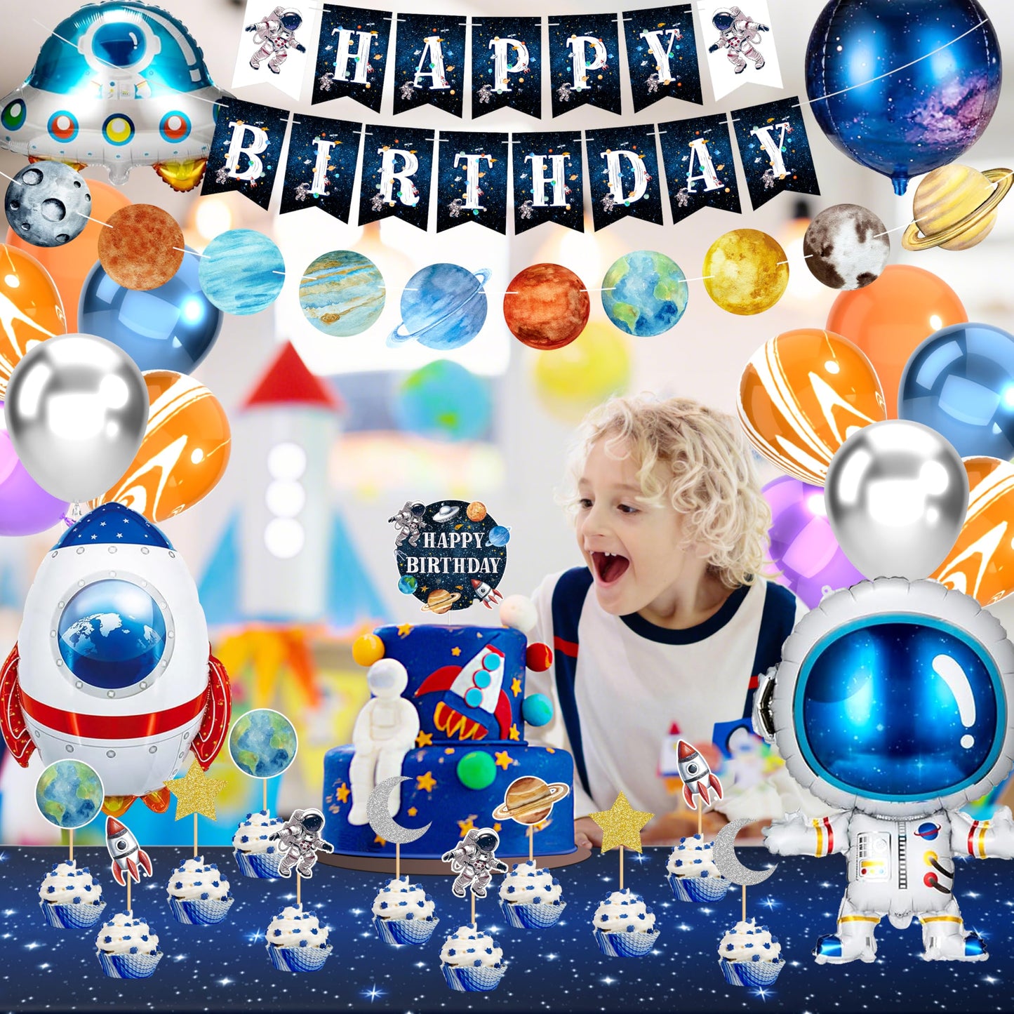 Outer Space Birthday Party Decorations Space Themed Party Supplies Planet Banner Backdrop Cake Topper Solar System Paper Lantern Galaxy Tablecloth Balloon Garland Kit for Space Astronaut Party Decor