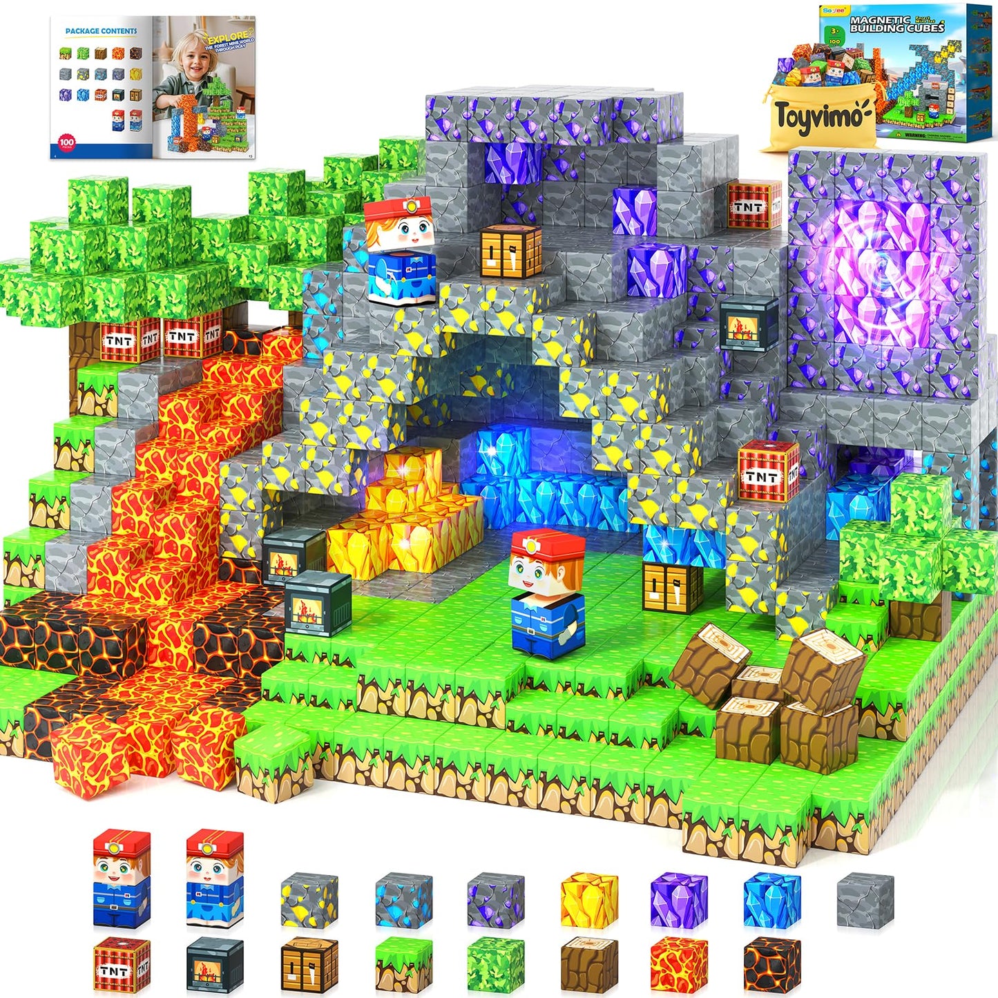 Toyvimo Magnetic Blocks 100PCS Kids Toys Magnetic Building Blocks Build Mine Magnet World Craft Cubes Boys Toys Ages 3-5 4-6 5-7 6-8, 3-12 Year Old Boy Birthday Gifts