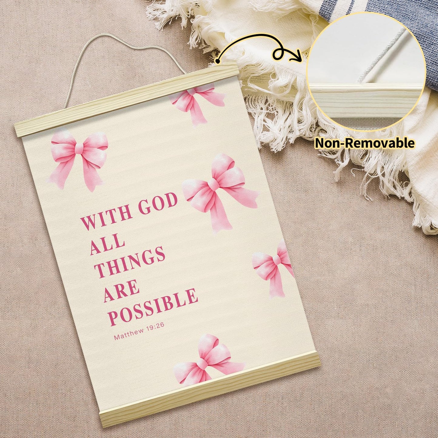 Pink Bow Coquette Poster Hanger Frame, With God All Things Are Possoble Bible Verse Christian Posters Canvas Wall Art for Women Girls Dorm Bedroom Decor, 12x16 Inches -031