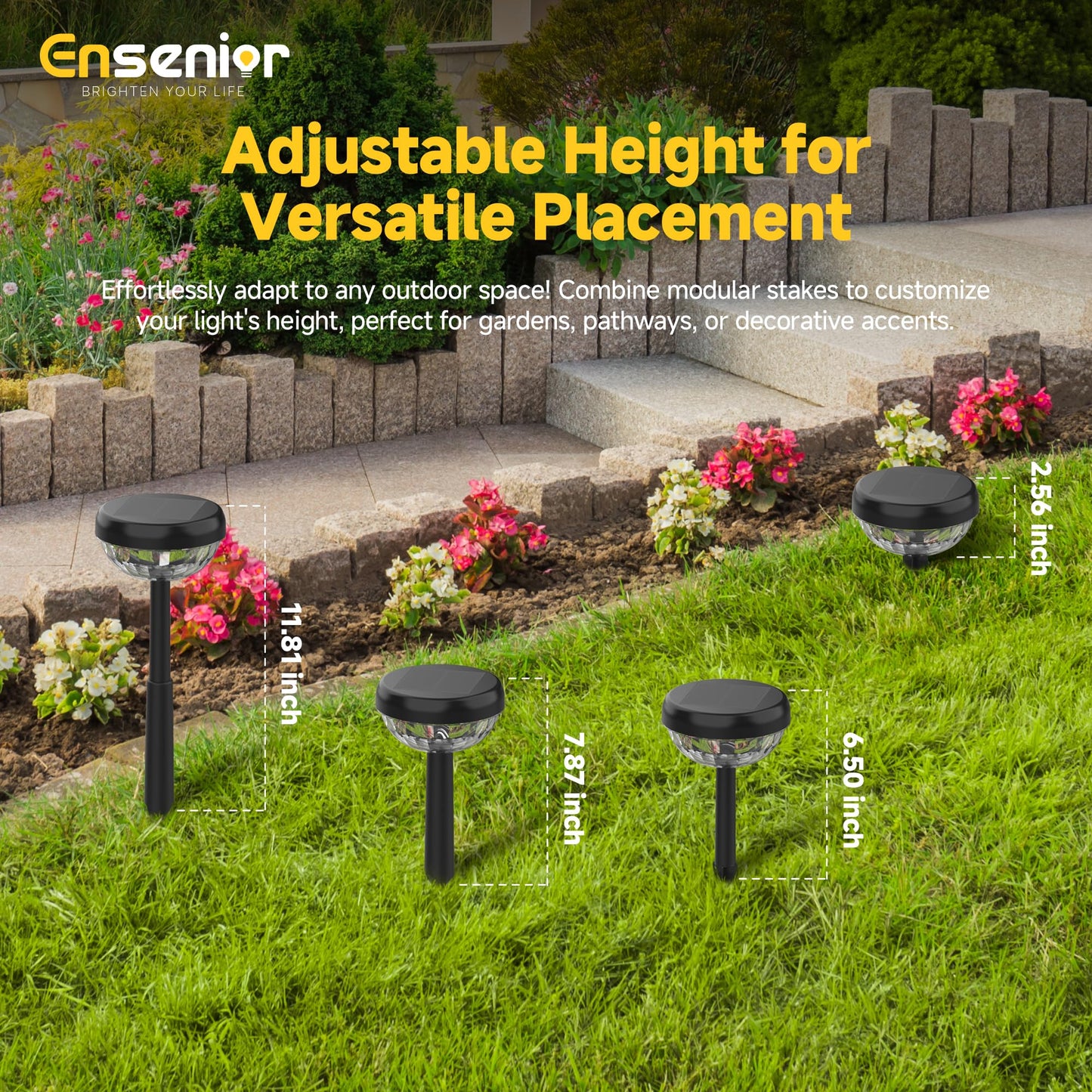 Ensenior Solar Garden Lights, 10-Pack, 3000K Warm White LED, Waterproof, Adjustable Height, Plastic, Model CP4-12CM-30K-10-BL-ZY