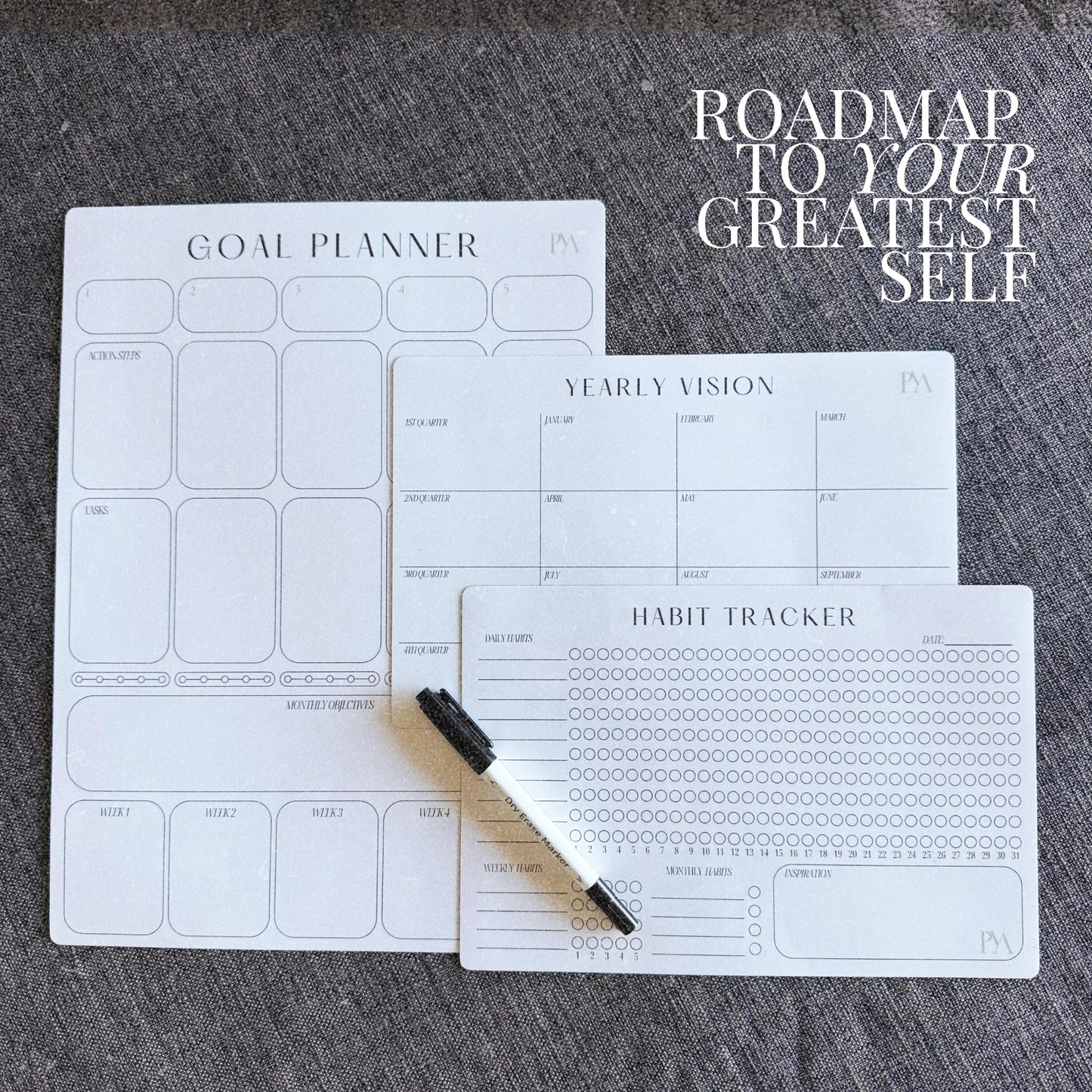 Magnetic Goal Planner Set: Reusable Dry Erase Habit Tracker, Vision Board, Purpose Planner and Workout Calendar Minimalist Wall Calendar Aesthetic Planner, Year at a Glance Wall Calendar 2025