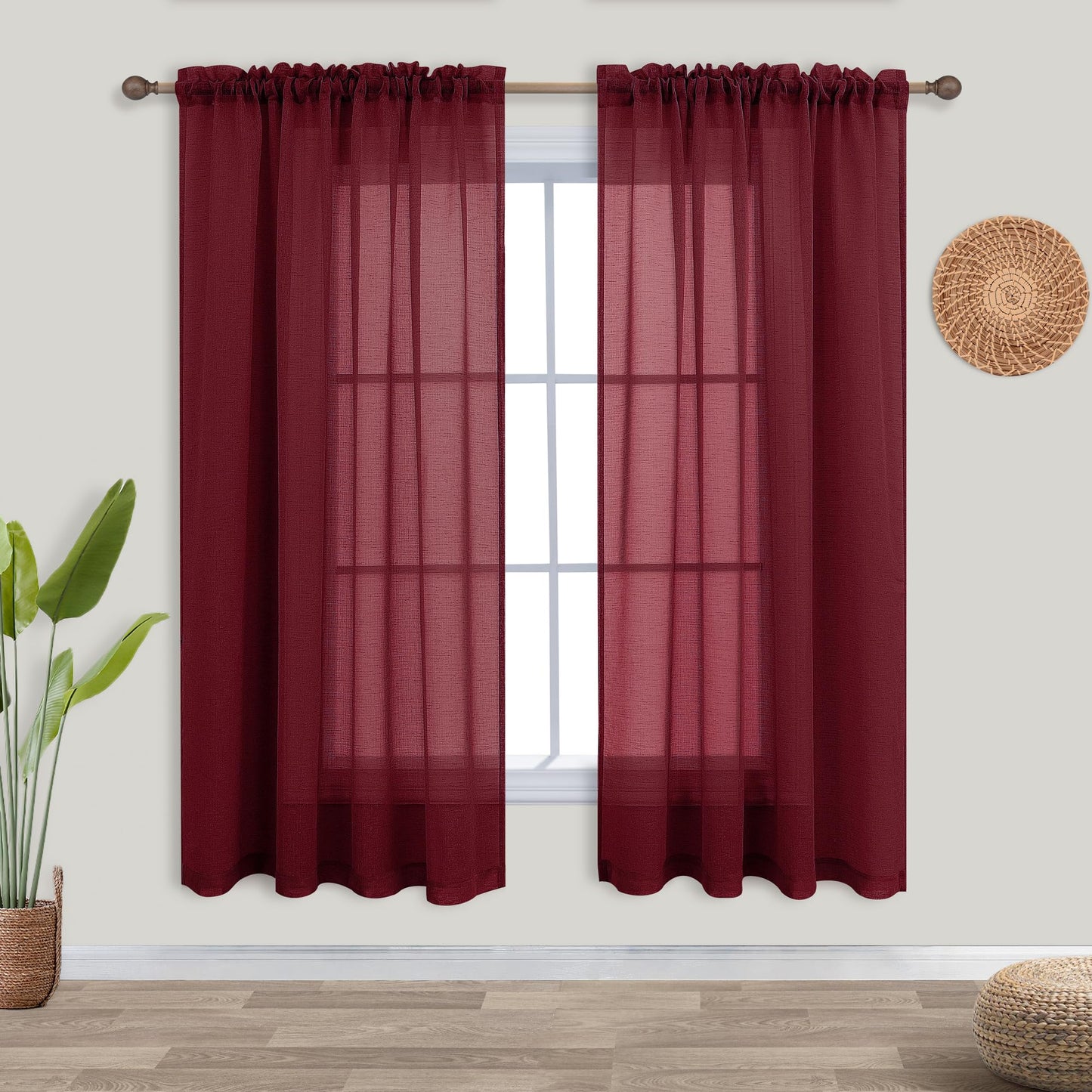 KOUFALL Burgundy Curtains for Bedroom 63 Inch Length 2 Panel Set Linen Textured Sheer Drapes for Living Room 52x63 Inches Long