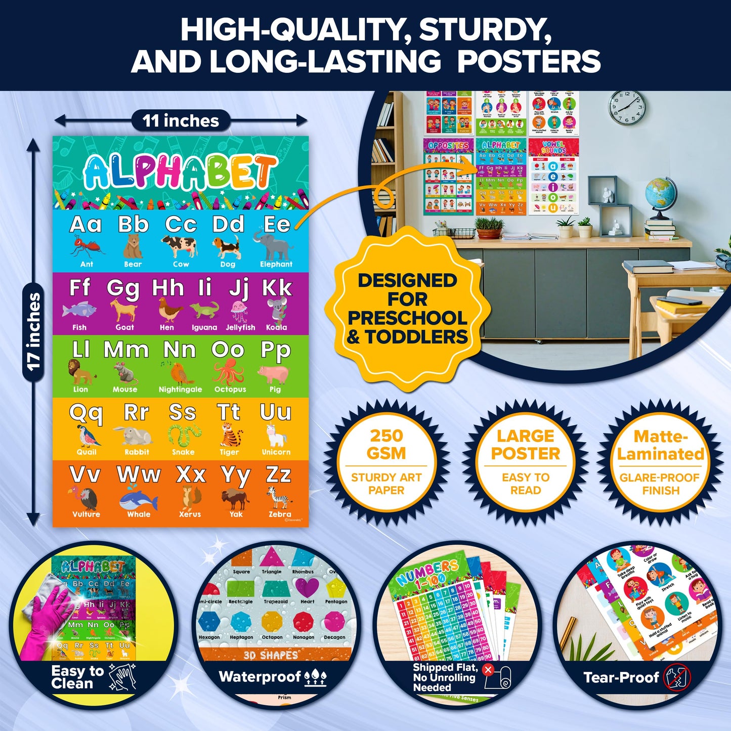 Decorably 50 Pack Vibrant Kindergarten Preschool Learning Posters for Toddlers 1-3, 11x17in Educational & Comprehensive Set, Matte-Laminated Classroom Decor for School Hallways, Bulletin Boards, Home Study Room