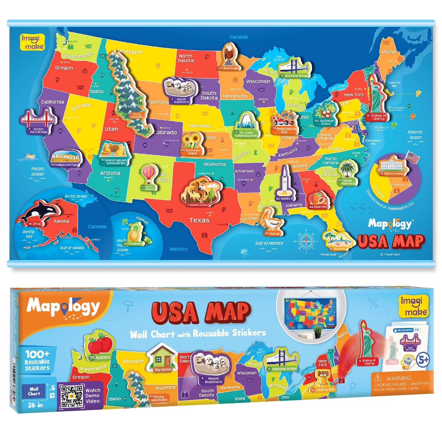 Imagimake Mapology USA Map with Reusable Stickers | 100+ Jelly Stickers | Classroom Geography Games & Learning Kids Toys Age 5-8 | Gifts for Boys & Girls Age 5,6,7,8,9,10,11,12 Years Old
