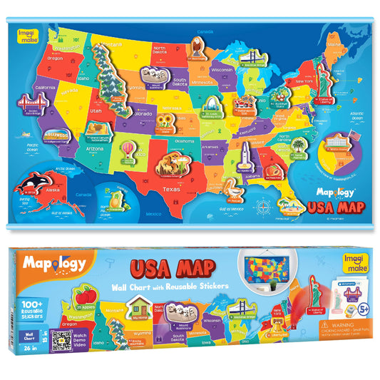 Imagimake Mapology USA Map with Reusable Stickers | 100+ Jelly Stickers | Classroom Geography Games & Learning Kids Toys Age 5-8 | Gifts for Boys & Girls Age 5,6,7,8,9,10,11,12 Years Old