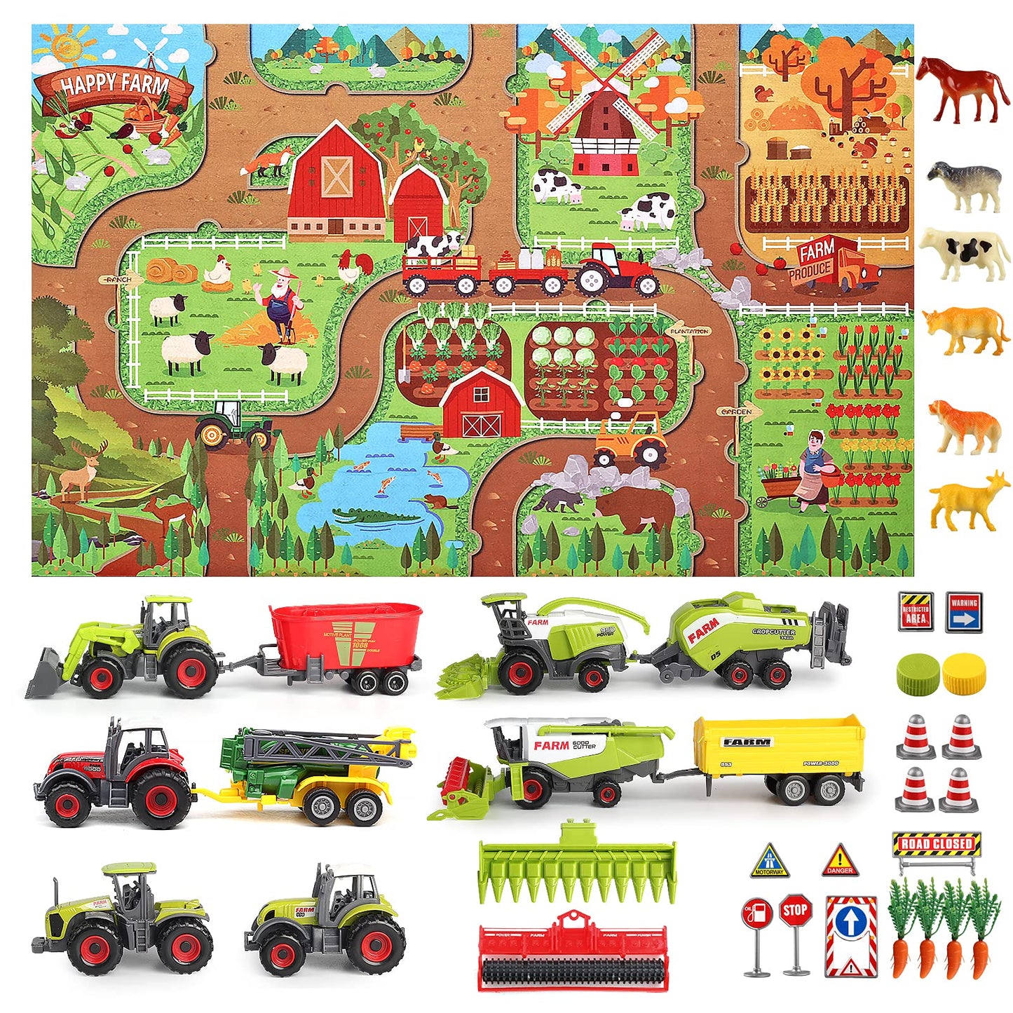 Oriate Farm Tractor Toys Vehicle with Animals & Activity Play Mat, 38Pcs Educational Realistic Kid's DIY Diecast Set, Kids Tractors Trailer Sprayer Cow Animal Toy Birthday Gift