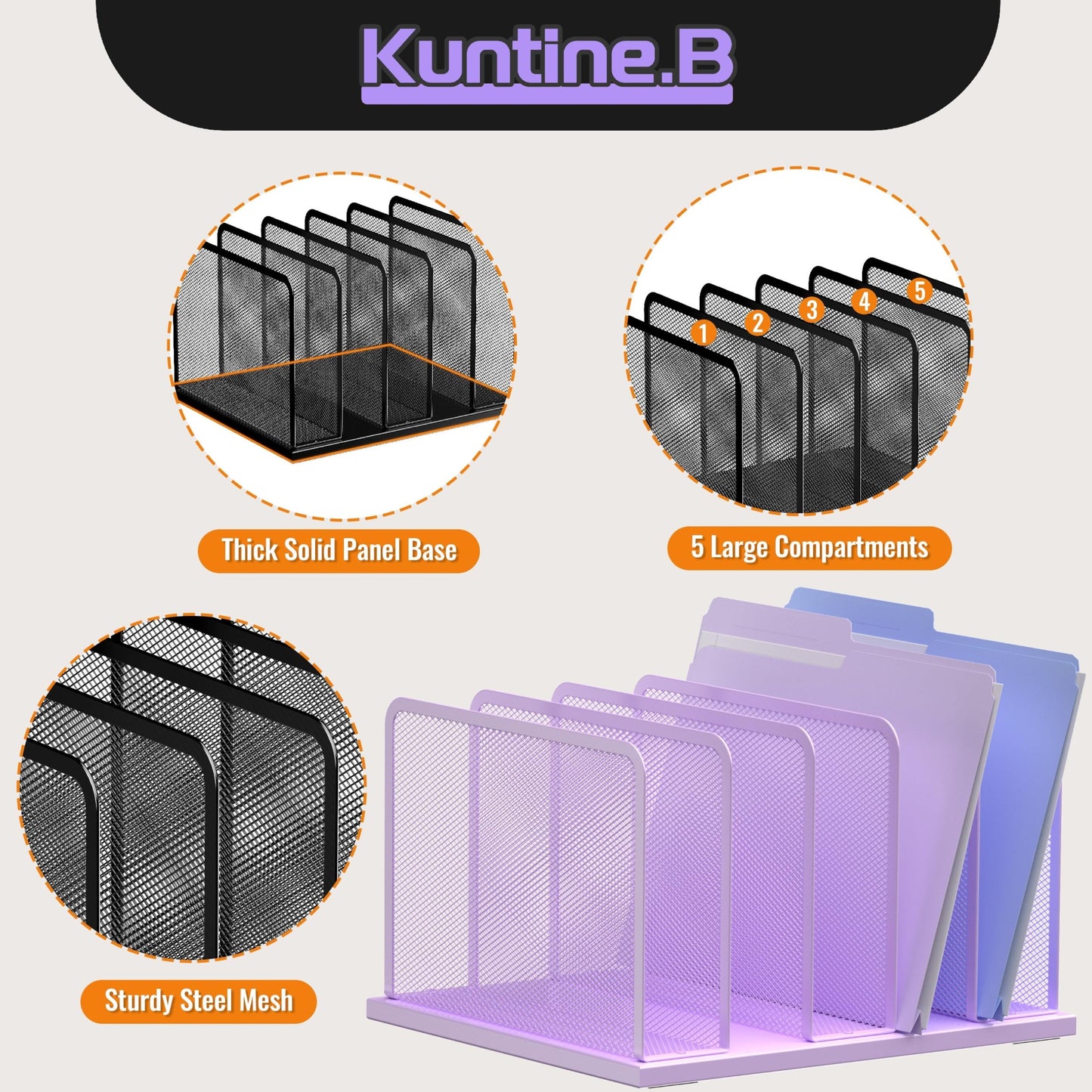 Kuntine.B Desk File Organizer Upright Mesh Desktop Organizer File Sorter Office Organization File Holder for Home, Office & Classroom (Purple, 1 Pack 5-Section)