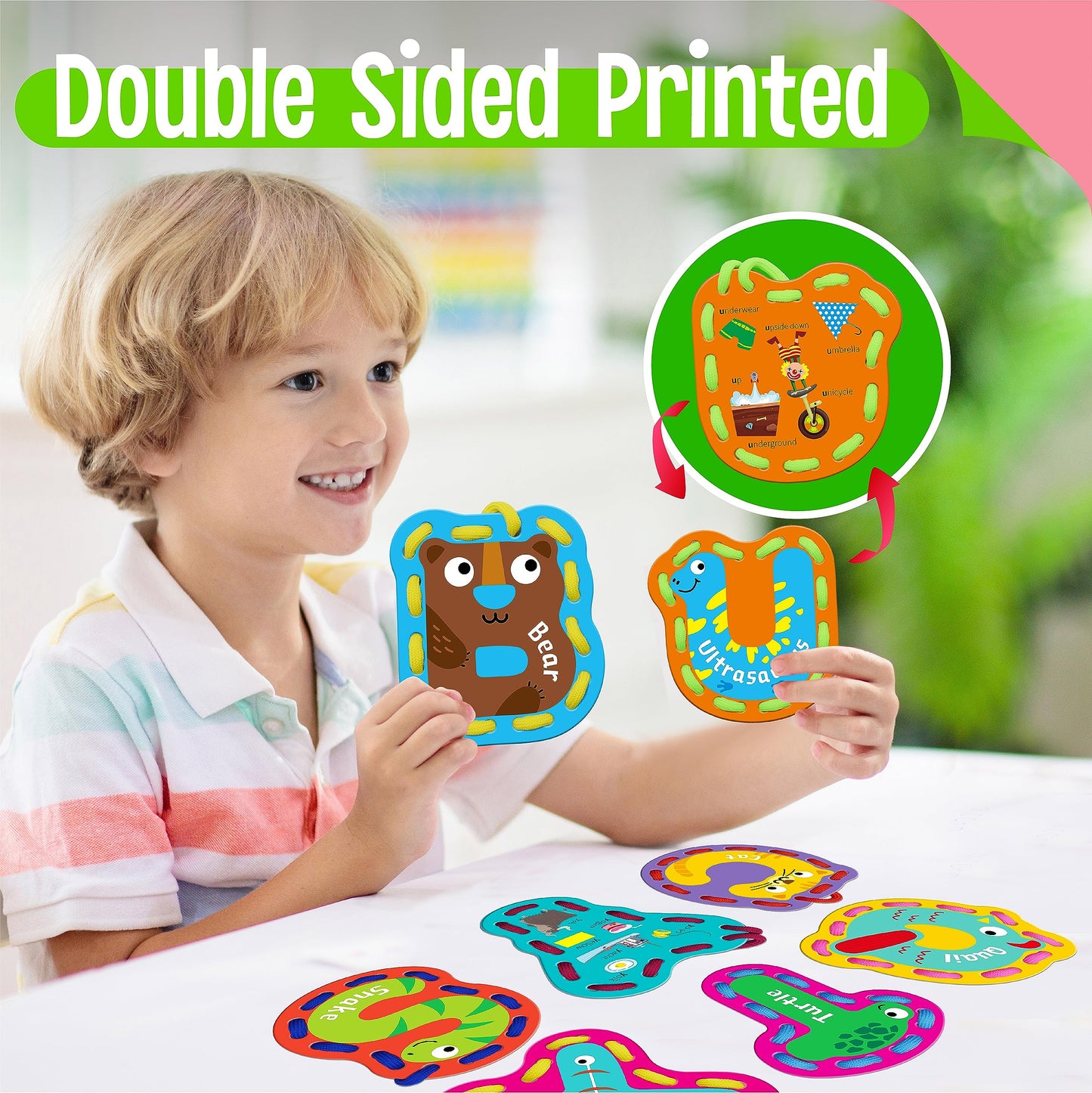 SpriteGru 26PCS Kids Lacing Cards, 26 Double Sided Uppercase Sewing Cards with 26 Colorful Laces, Imagination Development Lacing Toys Games for Children Educational and Learning Activity