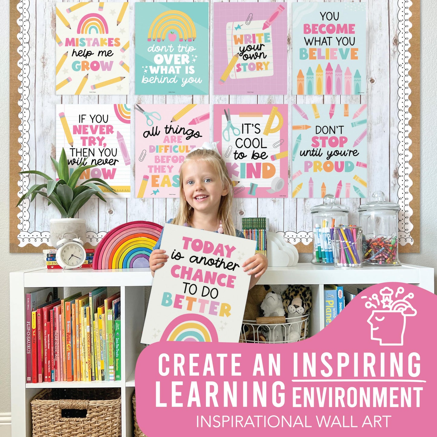 Hadley Designs Motivational Poster for Classroom Decor - 9 Growth Mindset Classroom Posters Elementary, Inspirational Wall Decor Middle School, Teacher Must Haves, Pastel Bulletin Board Decorations
