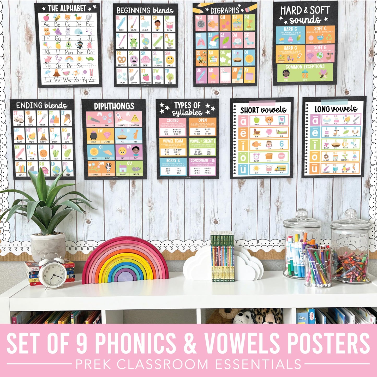 Hadley Designs Phonics Posters for Classroom Must Haves - 9 Sound Wall for Kindergarten & Elementary Teacher Supplies, Syllable, Vowels, Digraphs & Blends Bulletin Board Set, Chalkboard Classrom Decor