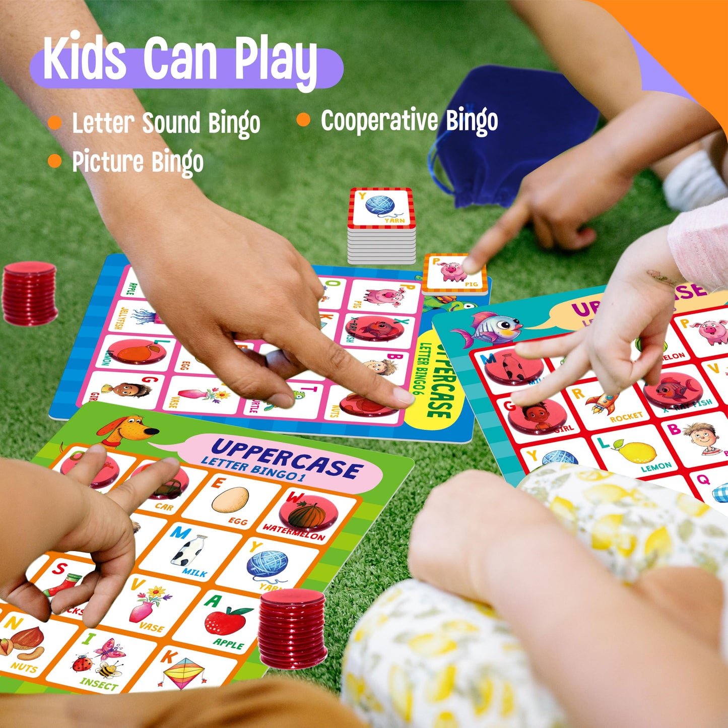SpriteGru Alphabet Bingo Game, Uppercase/Lowercase/First Words Bingo Educational ABC Letter Learning Board Game for Kindergarten and Preschool Kids Aged 4+, Perfect for Classroom & At Home