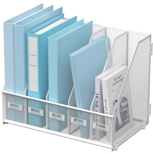 SUPEASY Desk Organizers Metal Desk Magazine File Holder with 5 Vertical Compartments Rack File Organizer for Office Desktop, Classroom, Home Workspace, White
