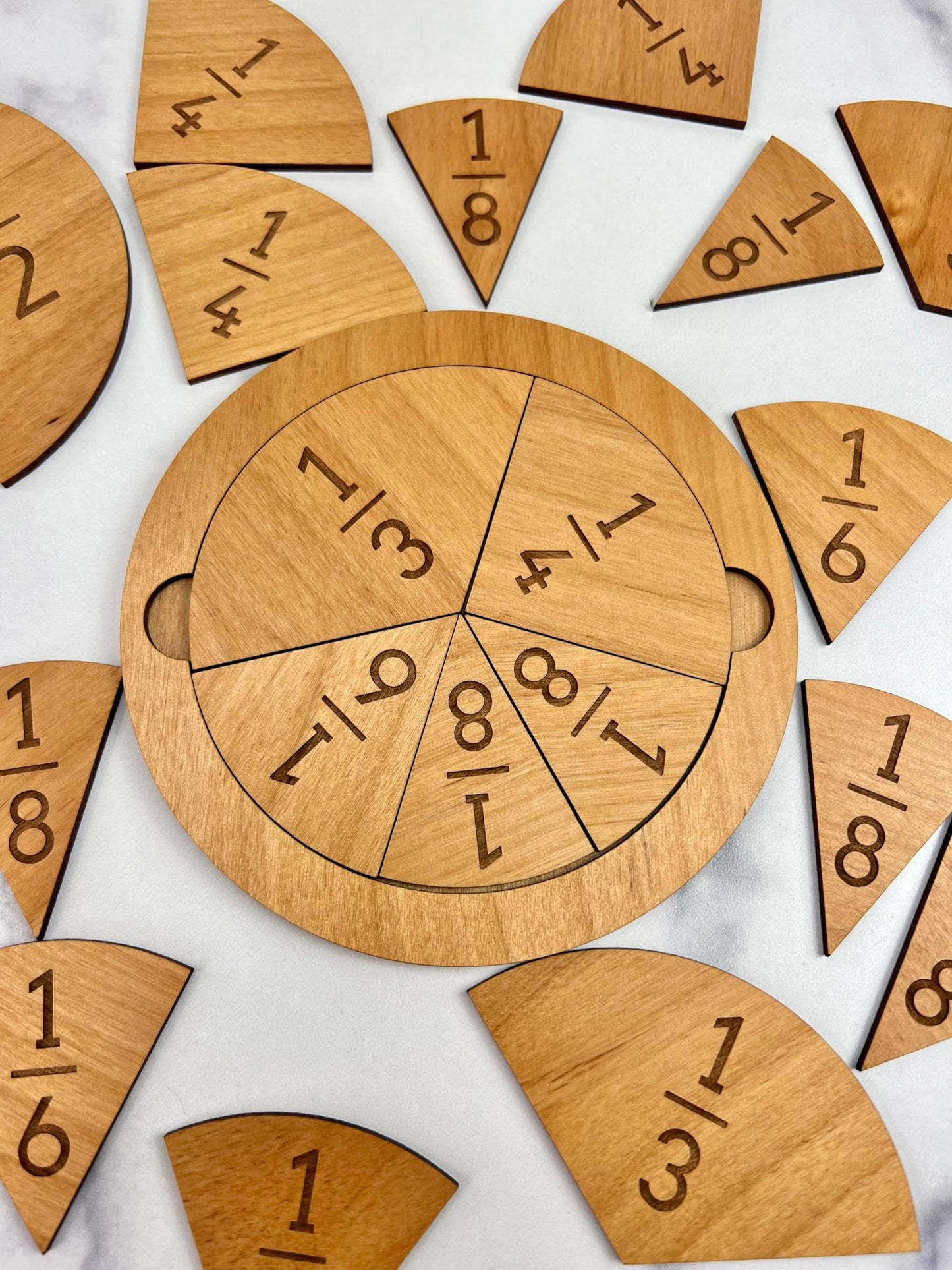 Fraction Tiles - Laser Engraved Alder Wood - Includes 5 inch Tile Holder and Fraction Tiles (23 Tiles)