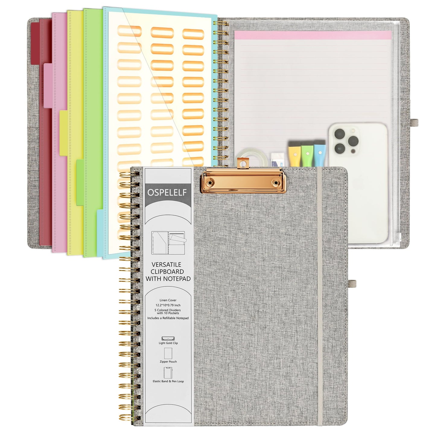 Ospelelf Foldable Spiral Clipboard Folio with Storage Zipper Pouch, 5 Plastic Folders with 10 Pockets,Refillable Lined Notepad (11" x 8.5"), Hardcover Project Organizer with 39 Stickers (Grey)