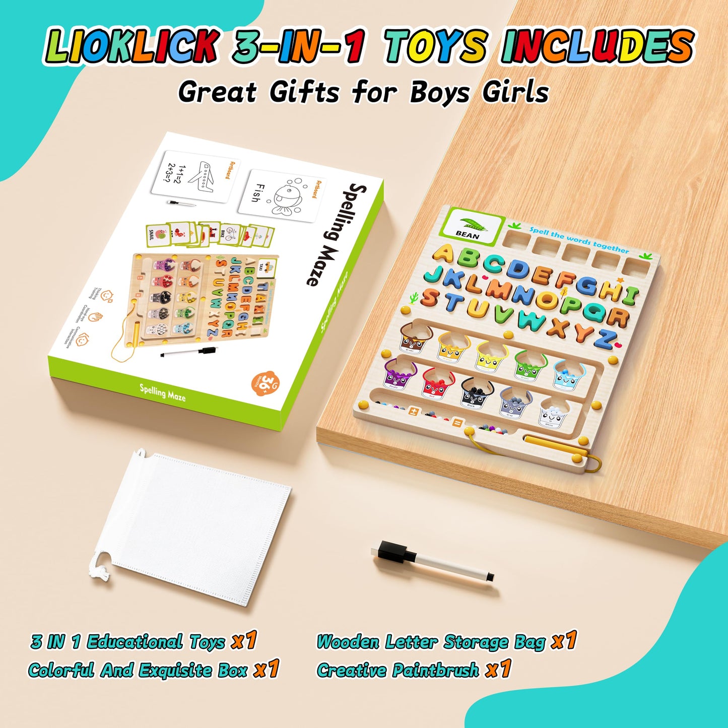 LIOKLICK 3 IN 1 Double Sided Montessori Toys- Magnetic Color and Number Maze, Toddler Wooden Alphabet Puzzles, Dry Erase Board, Preschool Learning Activities Toys for 3 4 5 6 Years Old Kids Girls Boys