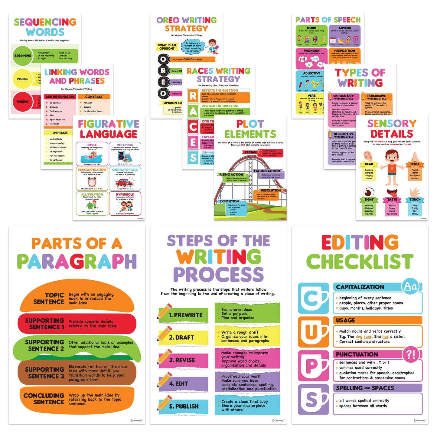 Decorably 12 Writing Posters for Classroom Middle School and Elementary, 11x16in Educational, Matte-Laminated for Hallways, Bulletin Boards, Home Study Room