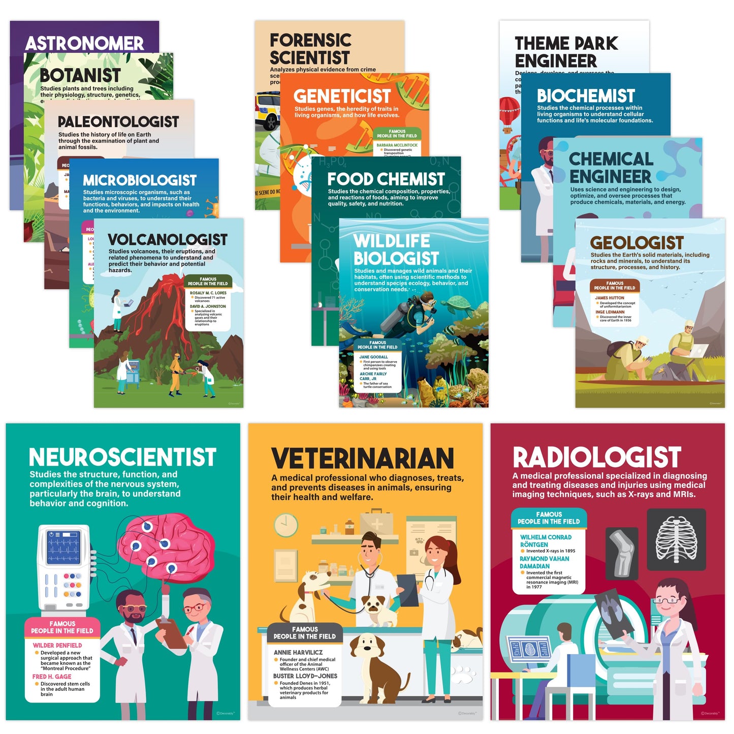 Decorably 16 Career in Science Posters for Classroom Middle School, 11x14in Matte-Laminated Educational School Decor - Hallways, Bulletin Boards, Home Study Room