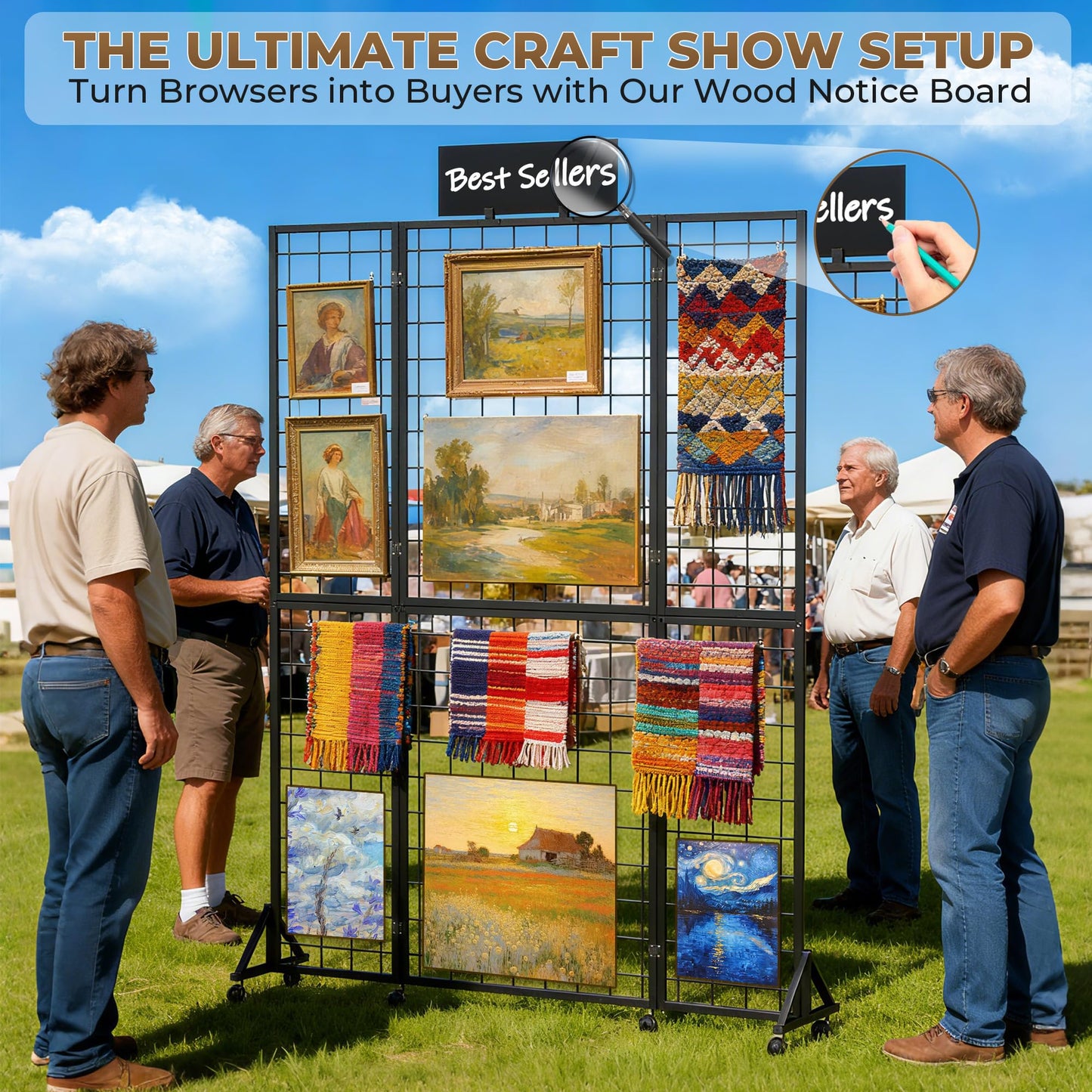 Foldable Grid Wall Panel, 6' x 4.25' Ft Gridwall Display Stand with Notice board, Heavy Duty Sturdy Floorstanding Wire Grid Display Rack, Movable Silent Wheel, Ideal for Retail & Art Craft Fairs