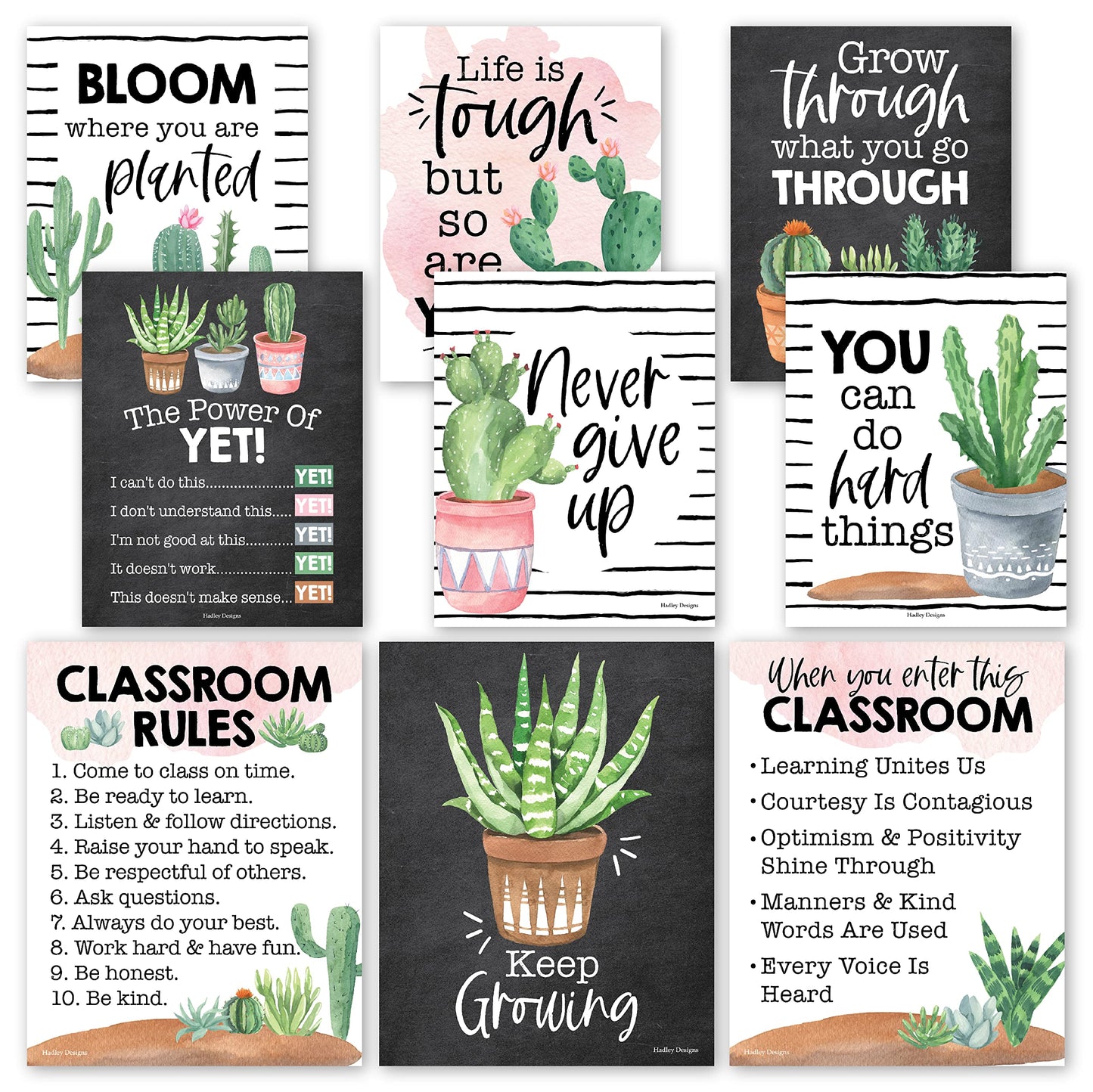 Hadley Designs Motivational Poster for Classroom Decor - 9 Growth Mindset Classroom Posters Elementary, Inspirational Wall Decor Middle School, Teacher Must Haves, Cactus Bulletin Board Decorations