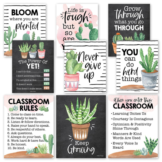Hadley Designs Motivational Poster for Classroom Decor - 9 Growth Mindset Classroom Posters Elementary, Inspirational Wall Decor Middle School, Teacher Must Haves, Cactus Bulletin Board Decorations