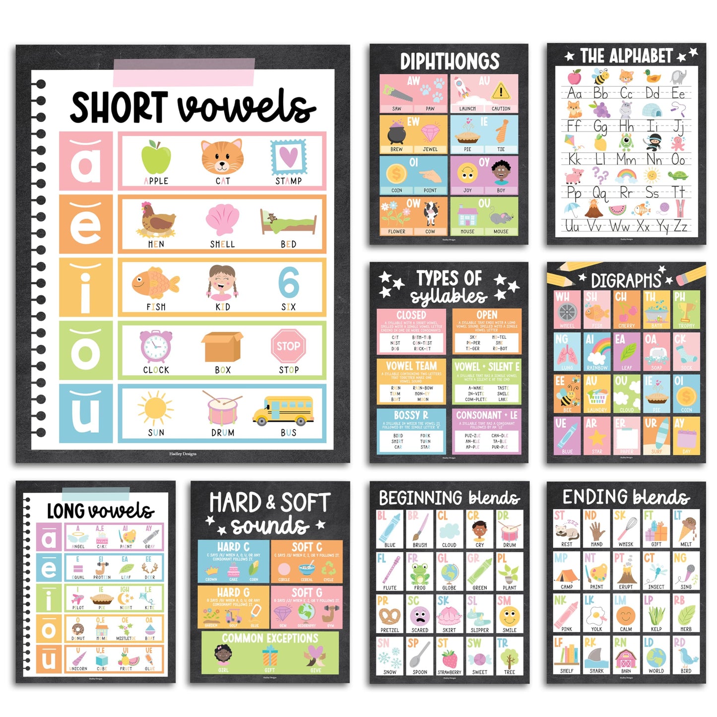 Hadley Designs Phonics Posters for Classroom Must Haves - 9 Sound Wall for Kindergarten & Elementary Teacher Supplies, Syllable, Vowels, Digraphs & Blends Bulletin Board Set, Chalkboard Classrom Decor