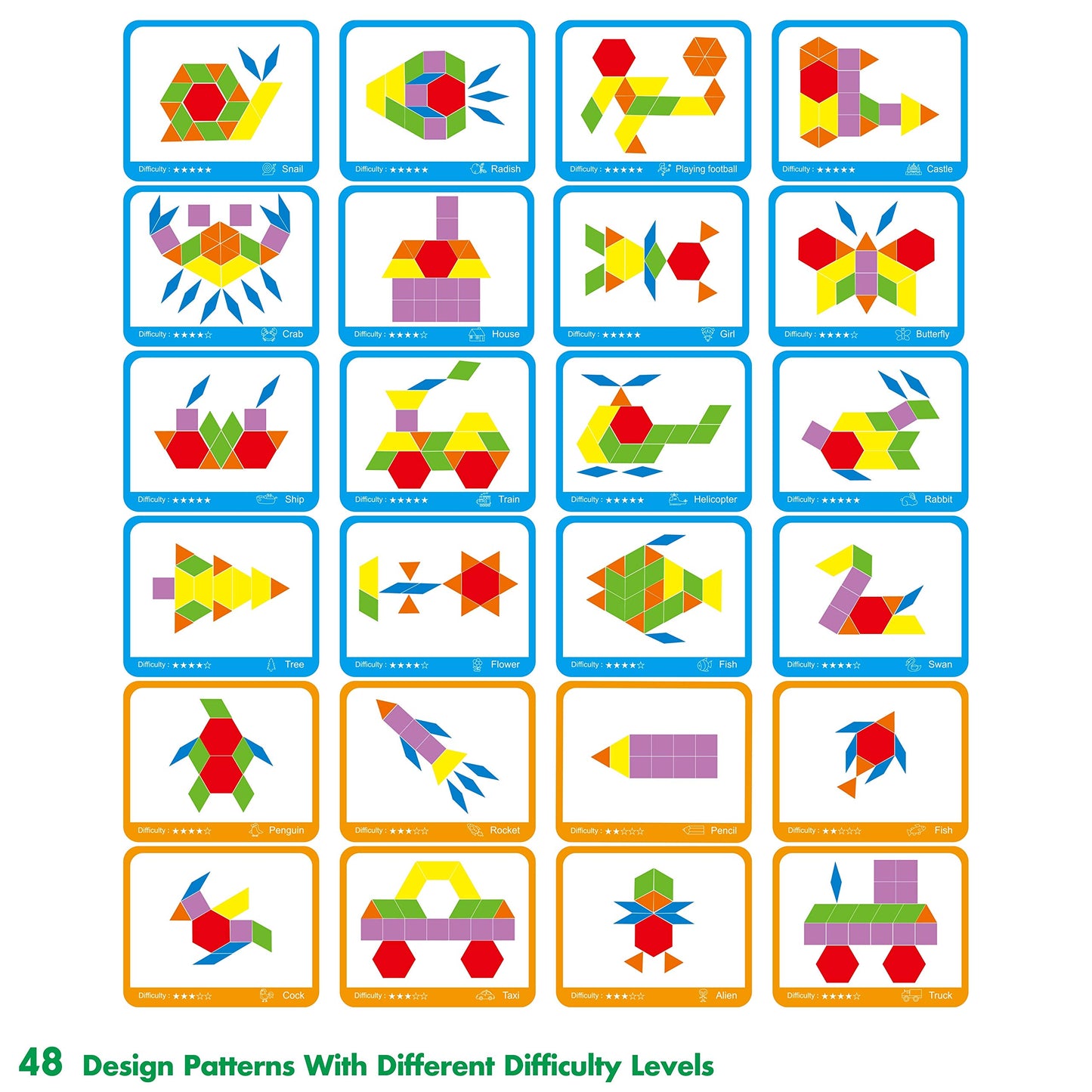 SpriteGru 300 PCS Wooden Pattern Blocks Set for Kids with 24 Double-Sided Design Cards(48 Patterns) and Storage Bag in Gift Box,Fun Montessori Learning Toys