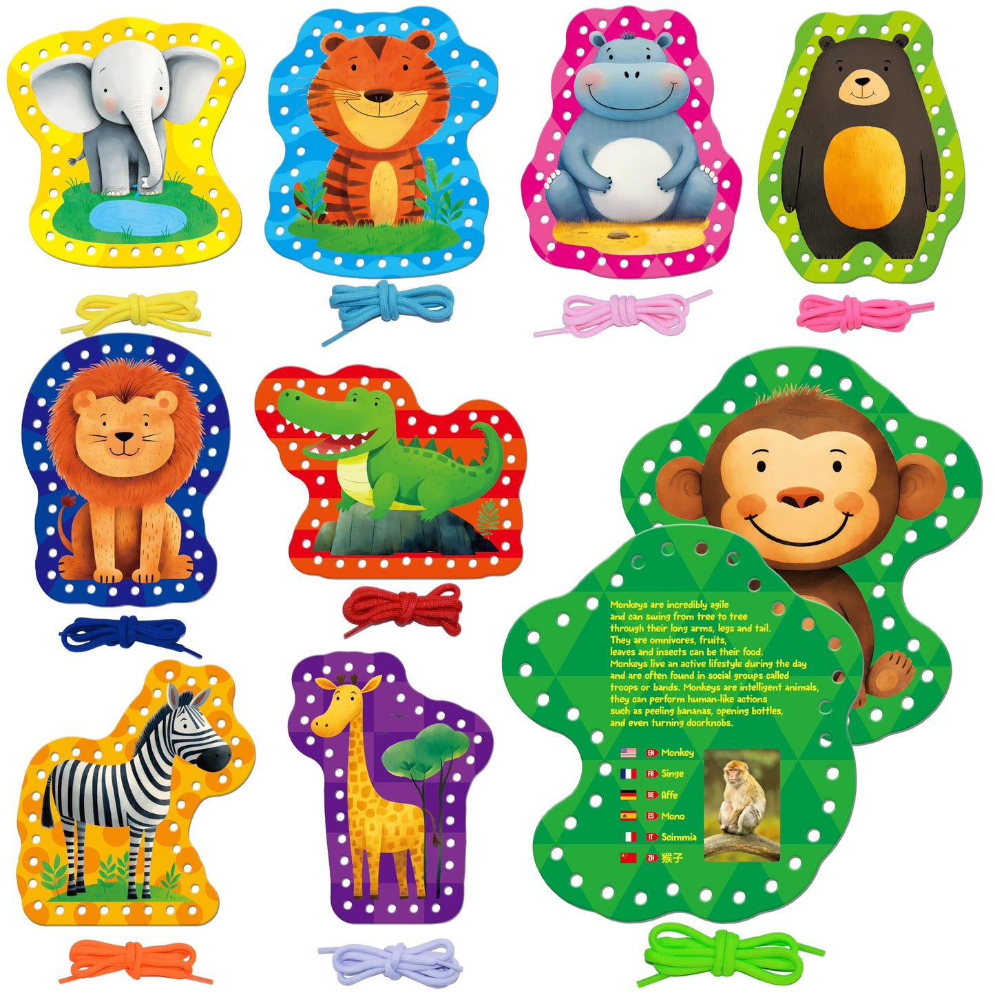 SpriteGru 9 PCS Kids Lacing Cards, 9 Double Sided Wild Animals Sewing Cards with 9 Colorful Laces, Educational & Learning Toys for Preschoolers, Kids Ages 3+