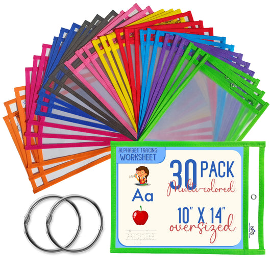 30 Packs Oversized Dry Erase Pockets Sleeves - 10 Assorted Colors with 2 Binder Rings - Dry Erase Sheets Reusable - 10x14 Ticket Holders - Clear Plastic Sheet Protectors for Classroom Teacher Supplies