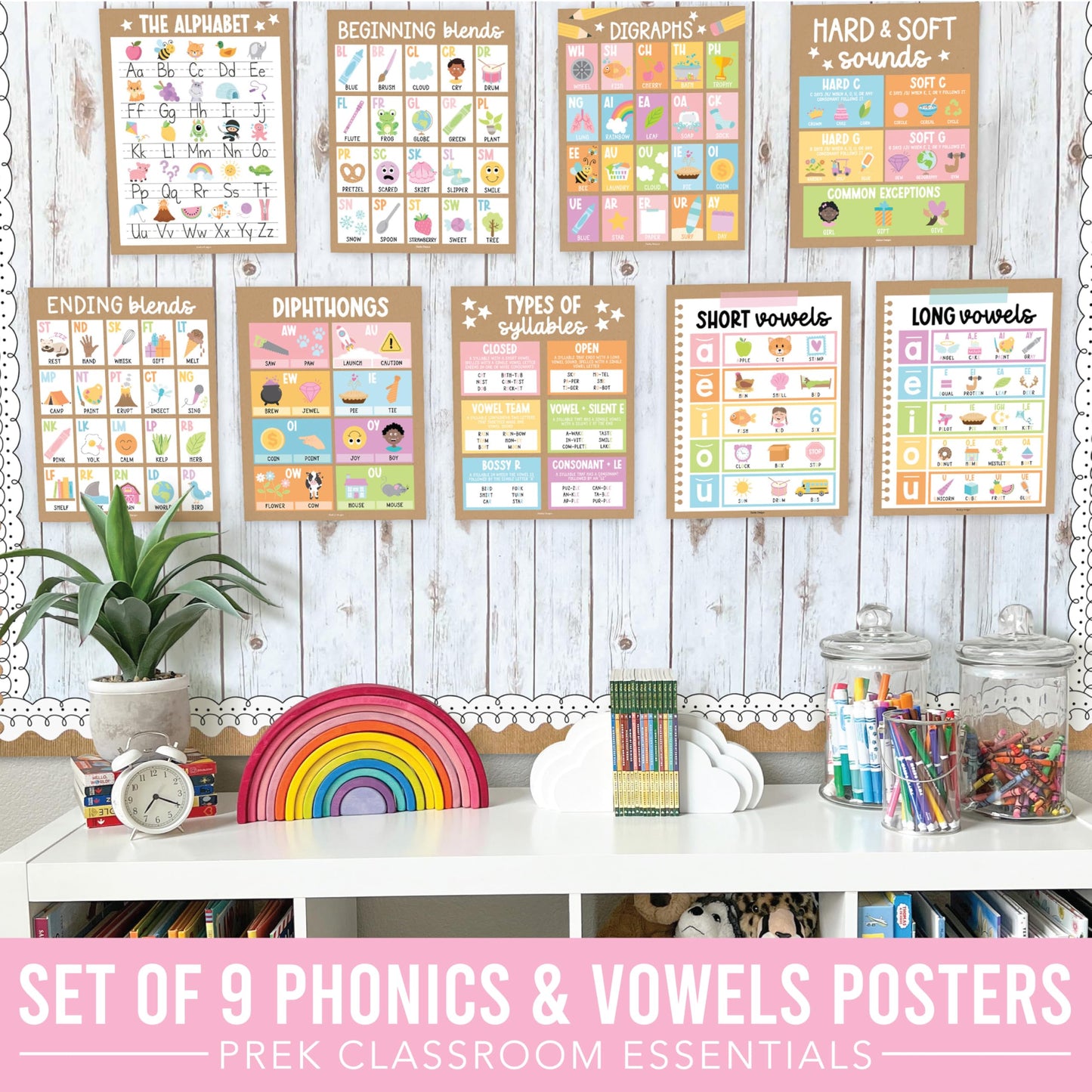 Hadley Designs Phonics Posters for Classroom Must Haves - 9 Sound Wall for Kindergarten & Elementary Teacher Supplies, Syllable, Vowels, Digraphs & Blends Bulletin Board Set, Kraft Classrom Decor