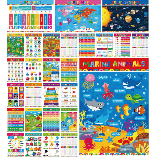 28 Educational Posters for Kids, All-in-One Set Learning Posters-Alphabet, Animals, Multiplication Chart, USA, World Map, Shapes, PET Film Coated School Supplies For Kindergarten, Preschool, Classroom