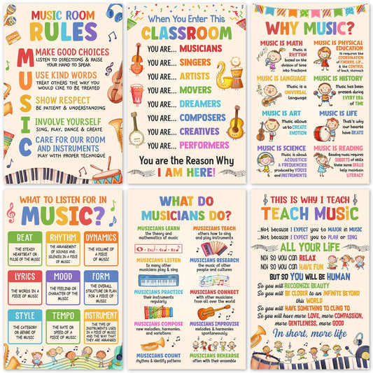 Lalunia 6 Pcs Music Classroom Posters (11"x16") - Why Music Classroom Rules Posters for Bulletin Board Decorations, Teacher Supplies, Musical Education Decor for Elementary Middle School