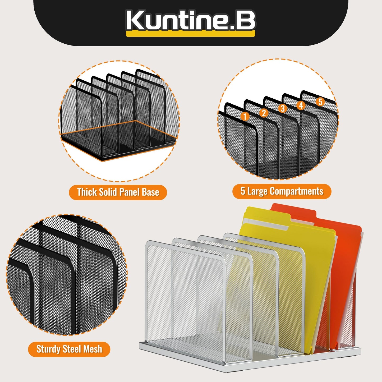 Kuntine.B Desk File Organizer Upright Mesh Desktop Organizer File Sorter Office Organization File Holder for Home, Office & Classroom (Silver, 1 Pack 5-Section)