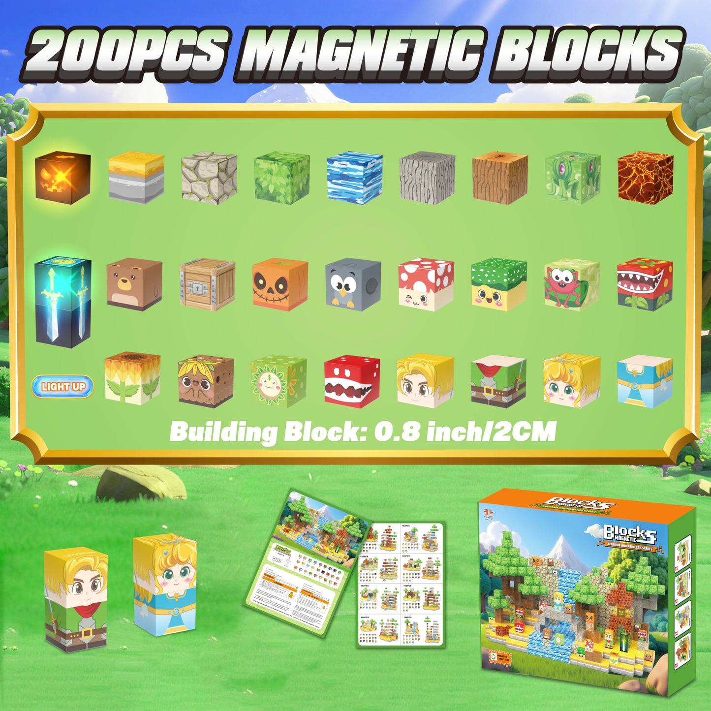 200PCS Magnetic Blocks - Light Up Magnetic Building Blocks Magnet Block Cubes Forest Set, STEM Montessori Sensory Stacking Toys for Kids Boys Girls Ages 3 4 5 6 7 8-12 Holiday Christmas Birthday Gifts